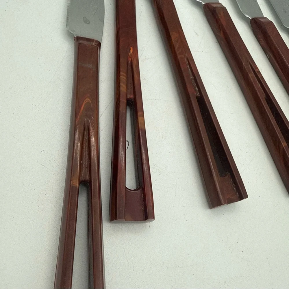 6 VTG Stanley Deluxe Stanhome Steak Knives Catalina Lucite Cut Out Handle MCM